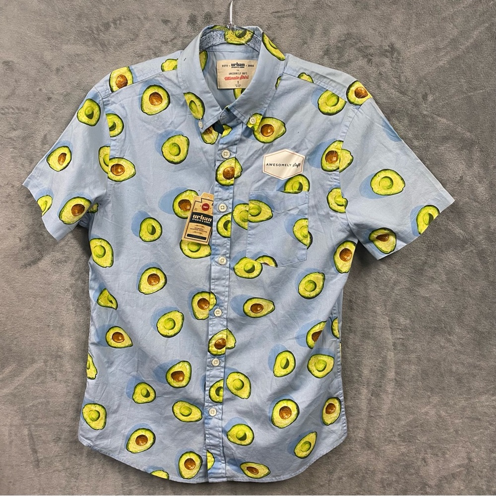 Urban Pipeline Avocado Print Casual Button Down Shirt - Blue and Green. Bbq spl